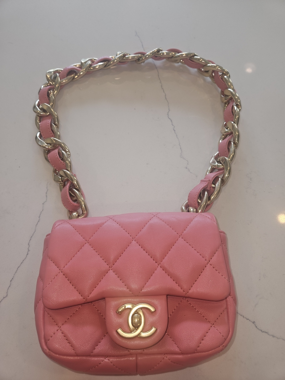 Chanel Pink Quilted Lambskin Flap Bag with Gold Chain
